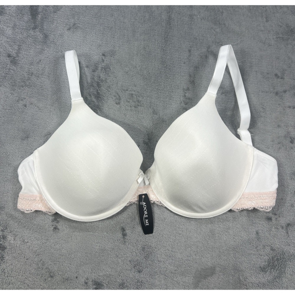 Adore Me 34DD White Bra Pink Lace Hem Hook Closure Soft‎ Strappy Underwire NEW